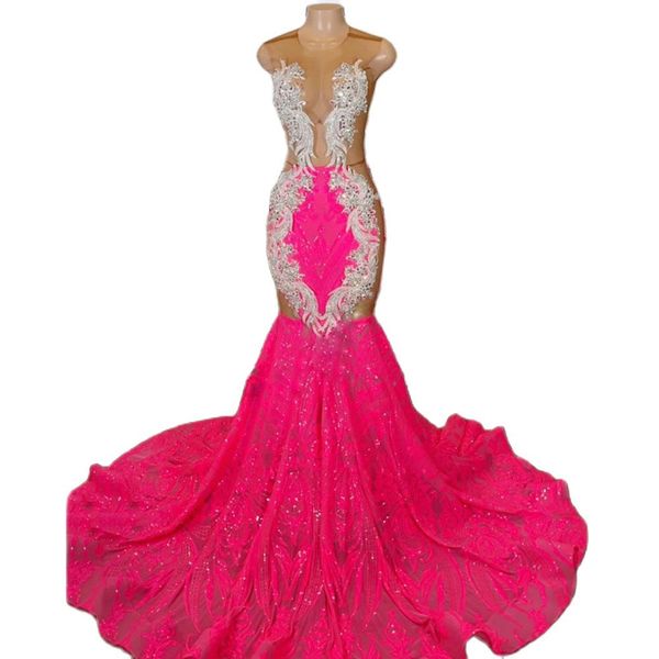 Sexy Hot Pink vestidos de noche recortados lentejuelas vestidos de baile 2022 apliques de cuentas Top Black Girls vestido largo de cóctel