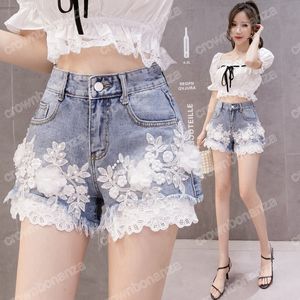 Sexy Hotpants Bloem Borduren Denim Shorts 2023 Zomer Vrouwen Koreaanse Hoge Taille Kant Patchwork Wijde Pijpen Korte Jeans