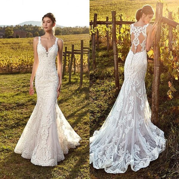 Sexy Illusion Retour Dentelle Robes De Mariée Sirène 2020 Eddy K Bretelles Col En V Profond Appliques Tulle Jardin D'été Robes De Mariée213t