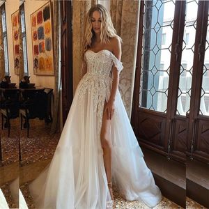 Sexy Illusion Bodice Corset Wedding Dress With Off Shoulder Lace Sequins Bling Wedding Dress For Bride Split Bridal Gown