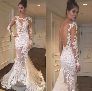 Sexy illusie lijfje full lace trouwjurken sheer nieuwe ontwerpers zeemeermin trouwjurk backless lange mouwen bruidsjurken