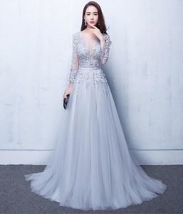 Sexy illusie avondjurken Lace formeel 2019 Elie Saab prom jurken jurken met een kanten applique kralen Crew Neck Long Sheeves Chea4076125