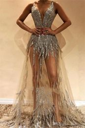 Sexy illusie lange prom -jurken diep v nek kralen lovertjes staart feestjurken een lijn formele avondjurk op maat gemaakt