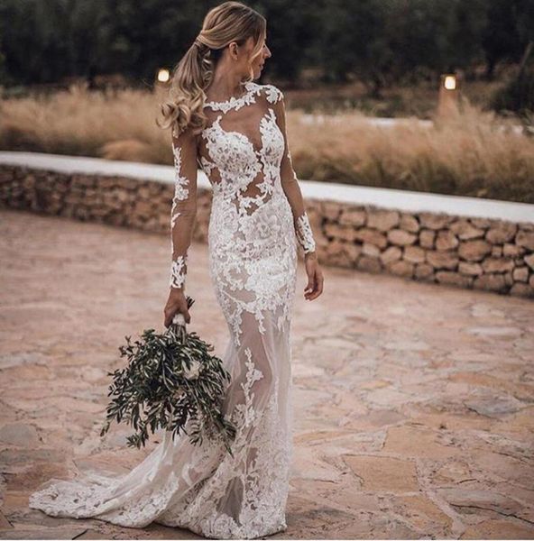 Vestidos de novia de sirena con apliques de encaje y ilusión sexy 2021 Vestidos de novia de manga larga con espalda abierta Boda blanca formal Bri3257788