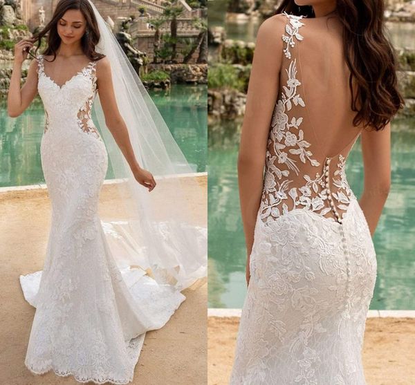 Sexy ilusión cintura encaje Vestido De novia 2023 sirena espalda descubierta túnicas De novia apliques corte tren vestidos De novia Vestido De novia