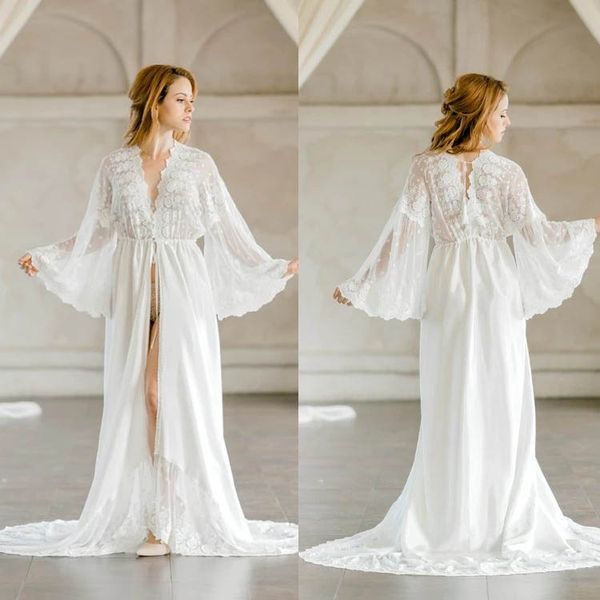 Sexy Illusion Robes De Mariée Robe Pour Femmes Col En V En Mousseline De Soie Garni Personnalisé À Manches Longues Lingerie De Mariée Vêtements De Nuit Chemise De Nuit Peignoirs