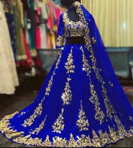 Sexy Indian Arabic Bourgondy A-Line trouwjurken met cape Veil Tweede stuk gouden kanten moslim halve mouw blauwe dubai bruid jurk