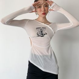 T-shirt manches longues transparent pour femme, vêtement de styliste irrégulier, Sexy, ajouré, Slim, moulant, Streetwear