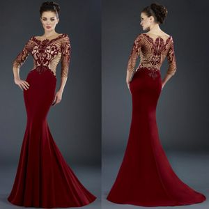 Sexy Janique Mermaid Moeder van de Bruid Jurken Jewel 3/4 Lange Mouw Kant Applique Crystal Wedding Guest Dress Sweep Train Evening Jassen