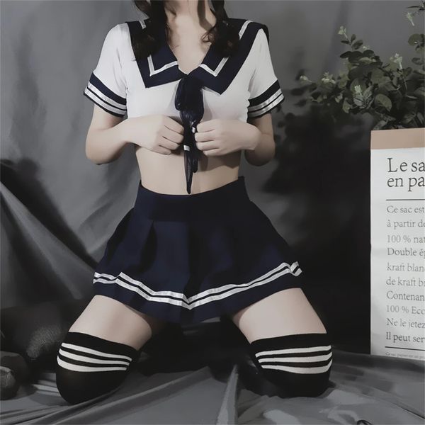 Sexy japonés cosplay traje lencería mujer escuela niña uniforme blanco rayado falda plisada camiseta tops traje para sexo clubwear 240307