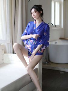 Sous-vêtements Kimono japonais Sexy, costume imprimé en mousseline de soie, peignoir de jeu de rôle en V profond, ensemble de Passion, robe noire rose bleue