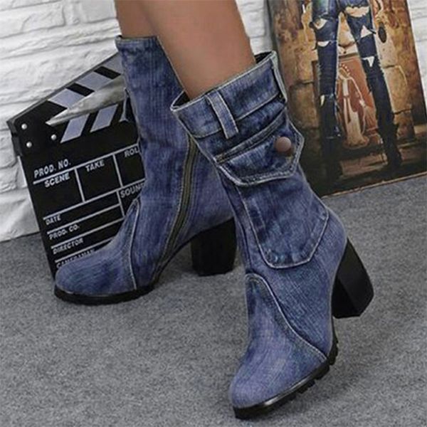 Sexy Jean Bottes Femmes ChevilleTube Botte Courte Hiver Mi Talon Denim Boot Dame Élégant Jeans Bottes Zipper Chaussures Cowboy 9.16 Y200114