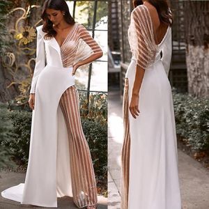 Mono sexy Vestido de noche Pantalones Traje Manga larga Escote en V Sin espalda Ilusión Lentejuelas Tul Pantalones de fiesta con trajes de tren Trajes de noche personalizados