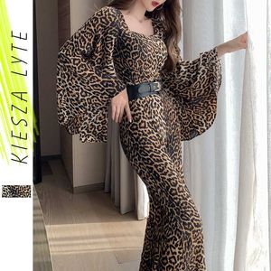 Sexy jumpsuit voor vrouwen vierkante nek luipaardprint wijd uitlopende mouwen hoge taille brede poten lange romper 210608