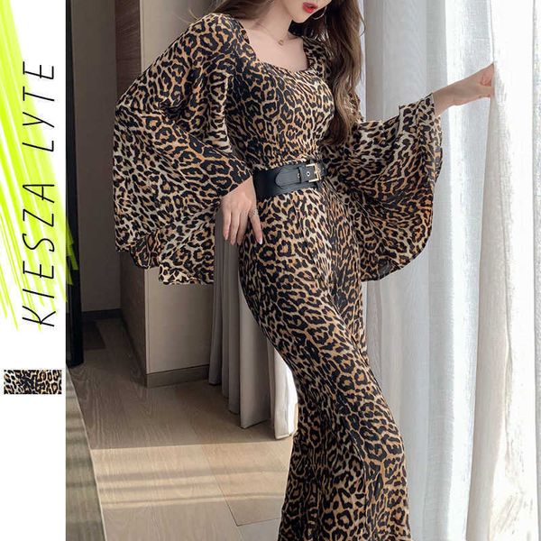 Combinaison sexy pour femmes col carré imprimé léopard manches évasées taille haute jambes larges barboteuse longue 210608
