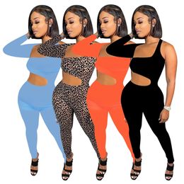 Sexy jumpsuits vrouwen lange mouw holle out rompers fahion een schouder bodycon jumpsuits casual zwarte luipaard één stuk outfits nachtclub dragen 8698