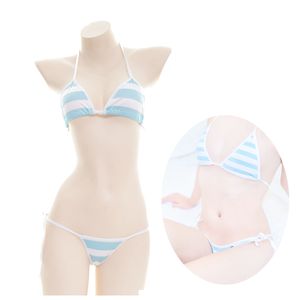 Sexy kawaii Lingerie femmes rayure ensemble soutien-gorge t-back string culotte nœuds cravate Bikin mignon Anime cosplay Loli écolière Shimapan