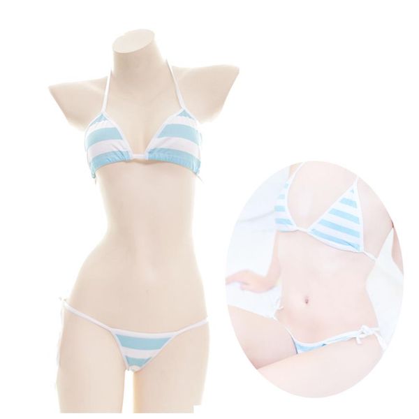 Ensemble de Lingerie Sexy kawaii pour femmes, soutien-gorge à rayures, dos en T, culotte string, nœuds papillon, bikini, mignon, Anime cosplay Loli, écolière Shimapan251u