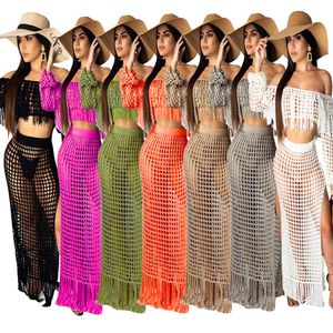 Sexy Gebreide Cover Ups Beach Dames Rok Set Gehaakte Beachwear Spleet Rok Suit Knit Beach Pak Twee Stuks Beach Haak Set