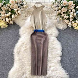 Sexy breien bodycon jurk kleur blok halter nek mouwloze slanke fit midi kalf slijtage aan werk partij schede potlood 210603