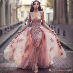 Sexy dentelle dos nu robes de soirée 2019 Berta pure cou sans manches avec détachable Train fendu arabe robes de soirée pour les femmes