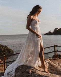 Sexy Dentelle Plage Robe De Mariée Avec Des Bretelles Spaghetti Civil Boho Balayage Train Bohème Robes De Mariée Blanc Jardin En Plein Air Mariée robes de novia 2023 robe de mariee