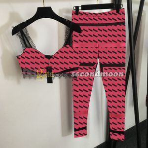 Sexy kanten beha dames sport skinny broek hoge elastische yoga legging zomer outdoor gym trainingspak