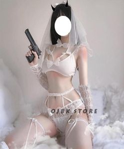 Sexy kanten bruid trouwjurk erotische lingerie voor vrouwen cosplay wit zwart uniform verleiding porno rollenspel kostuums bhas sets4595566