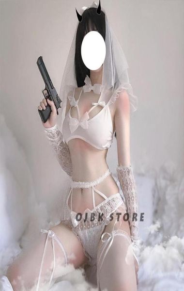 Sexy dentelle mariée robe de mariée lingerie érotique pour les femmes cosplay blanc noir uniforme tentation porno roleplay costumes soutiens-gorge ensembles2444281