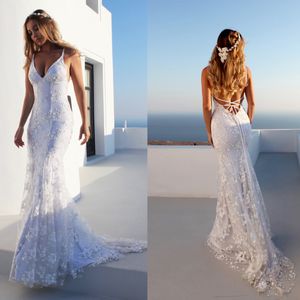 Robe de plage sexy en dentelle, décolleté en V profond, dos nu, traîne de balayage, tulle, sans manches, style bohème, robe de mariée modeste à manches longues, robe de bal, bijou transparent appliqué