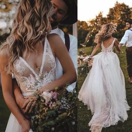 Sexy dentelle profonde col en V Train Tulle sans manches dos nu plage robe De mariée balayage Boho robes De mariée robes De Novia 328 328