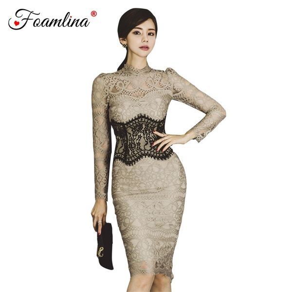 Robe en dentelle sexy femmes printemps mode moulante o cou manches longues cils patchwork gaine fête 210603