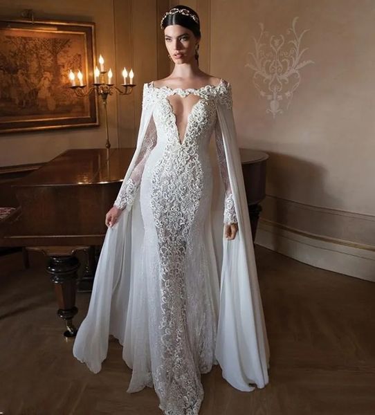 Robe de mariée sirène en dentelle, Sexy, avec Cape détachable, col plongeant, manches longues, avec des Appliques de perles, 2024