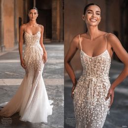 Vestidos de novia de sirena de encaje sexy Cuello de espagueti Vestido de novia de playa Boho Country Berta 2023 Vestido de novia sin espalda