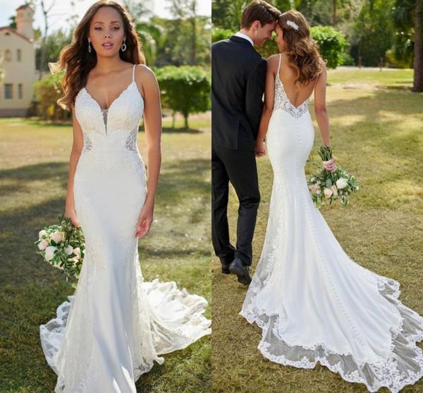 Robes de mariée sirène en dentelle sexy bretelles spaghetti col en v dos nu appliques balayage train robe de mariée