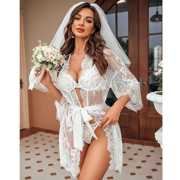 Sexy dentelle maille kimono nuisettes grande taille pure lingerie femmes corps robe transparente vêtements de nuit robe de mariée pyjamas 240117