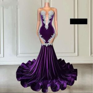 Sexy dentelle violette sirène noire robe bal robe veet appliques perles transparentes