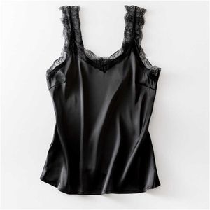 Sexy kanten tank top vrouwen zomer casual satijnen zijden vest backless lace-up basic tops zwarte mouwloze camisole t-shirt 210616