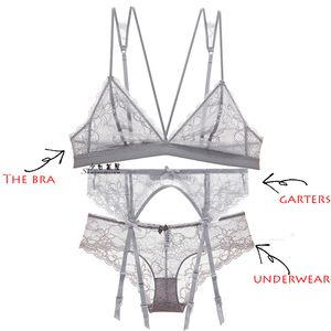 Sexy dentelle ultra mince soutien-gorge sous-vêtements porte-jarretelles ensemble ceinturé coupe triangle sans jante sans éponge Y200708