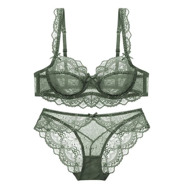 Conjunto de sujetador y bragas transparentes ultrafinas de encaje sexy, ropa interior de gran tamaño, lencería, sujetadores para mujer A B C D E Cup 95C 95D 240202