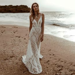 Sexy Lace V Neck Beach Mermaid Wedding Jurken 2024 Spaghetti Banden Mouwloze zomer Boho Bridal Dress Backless Vestidos de Noiva Customeded