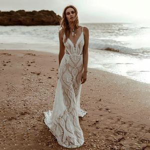 Sexy Lace V Neck Beach Sirène Robes de mariée 2024 Spaghetti Stracts sans manches Summer Boho Robe Bridal Vestidos de Noiva Customée