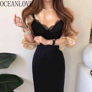 Sexy Dentelle Femme Robe Solide V Cou Cou Modycon Vestidos Automne Hiver Vintage Vintage Robes longues Coréen 18719 210415