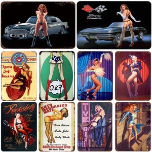 Sexy dame pin up meisje metaal schilderij poster vintage tin bord bord retro ijzeren schilderij muur decoratie racebaan garage home decor 30x20cm w03