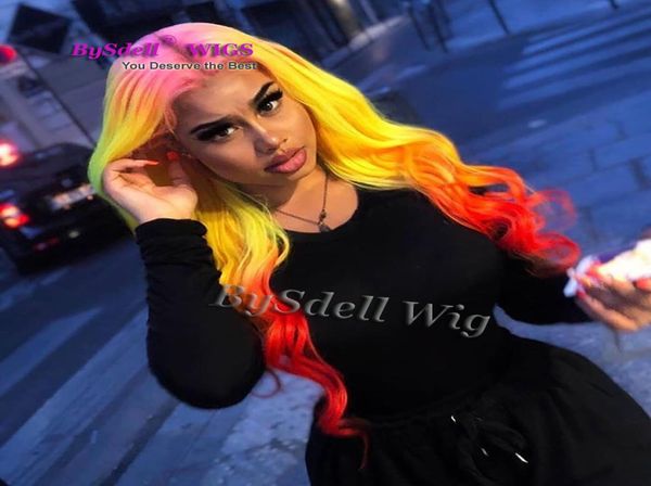 Sexy dame synthétique dentelle avant perruque lâche Kim Curl vague rose ombre jaune rouge couleur cheveux avant de lacet Wigs4979340