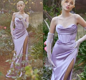 Sexy Lavendel Lange Avondjurk 2024 Hoge Split Spaghetti Band Satijn Zeemeermin Formele Partij Prom Jassen Vestidos De Fieast Robe de Soiree