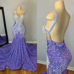 Sexy lavendel zeemeermin prom -jurken voor zwarte meisjes 2023 Crystal Rhinestone -pailletten Open terug formele verjaardagsfeestjurken