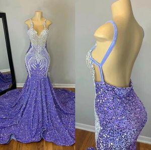 Sexy lavendel zeemeermin prom -jurken voor zwarte meisjes 2023 Crystal Rhinestone Sequins open terug formele verjaardagsfeestjurken e0308