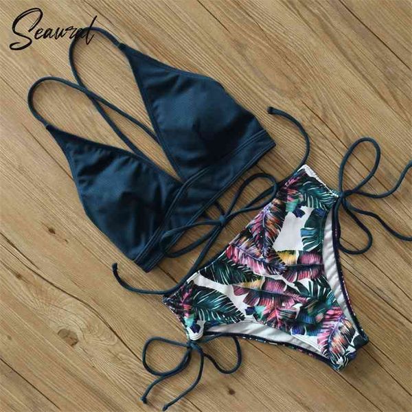 Sexy Leaf Print Bikini Set Traje de baño femenino Traje de baño Push Up Strappy Cintura alta Traje de baño Ropa de playa Biquini 210621