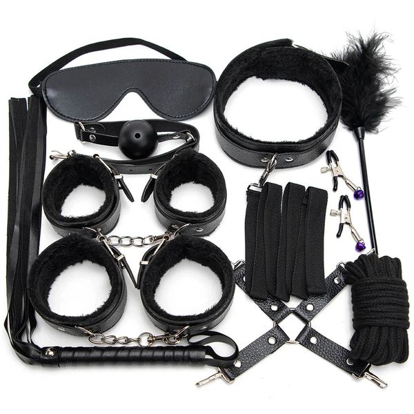 Kits de cuero sexy Juego de bondage sexual de felpa Esposas Juegos sexuales Látigo Mordaza Abrazaderas para pezones Juguetes sexuales para parejas Accesorios exóticos 240105